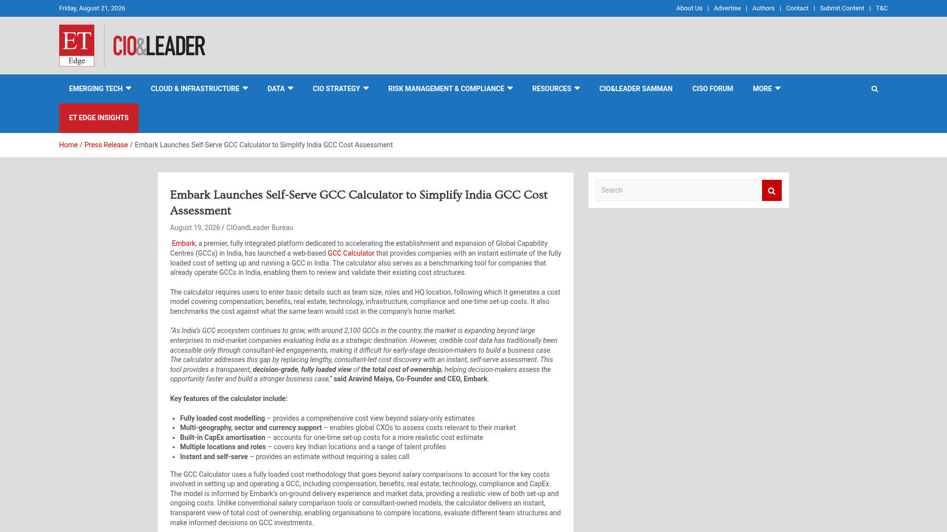 Embark Launches Self-Serve GCC Calculator to Simplify India GCC Cost Assessment